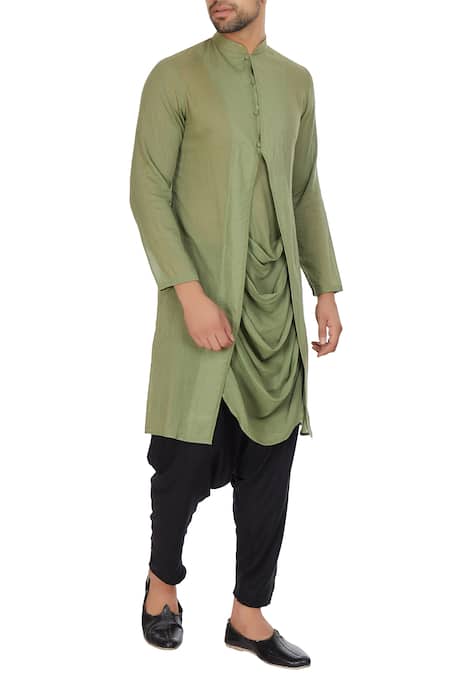 Bohame Green Mulmul Cowl Pleated Layer Kurta 
