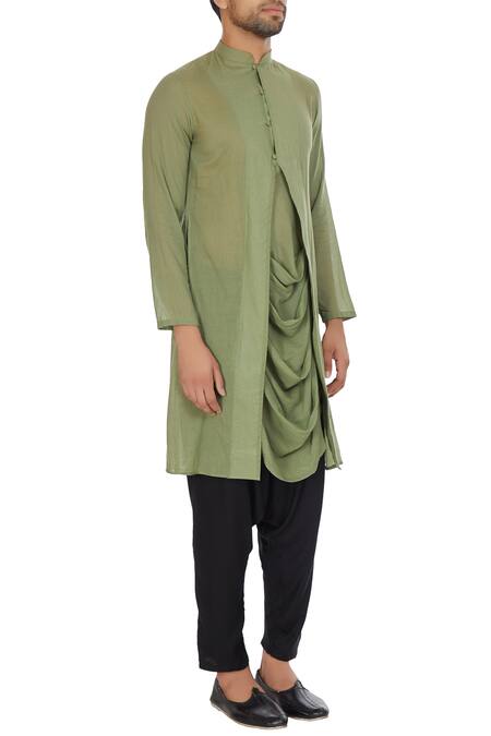 Bohame_Green Mulmul Cowl Pleated Layer Kurta _Online_at_Aza_Fashions