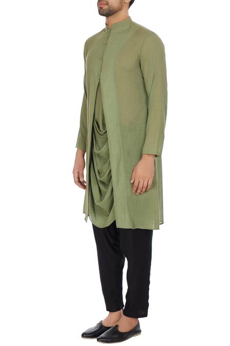 Buy_Bohame_Green Mulmul Cowl Pleated Layer Kurta _Online_at_Aza_Fashions
