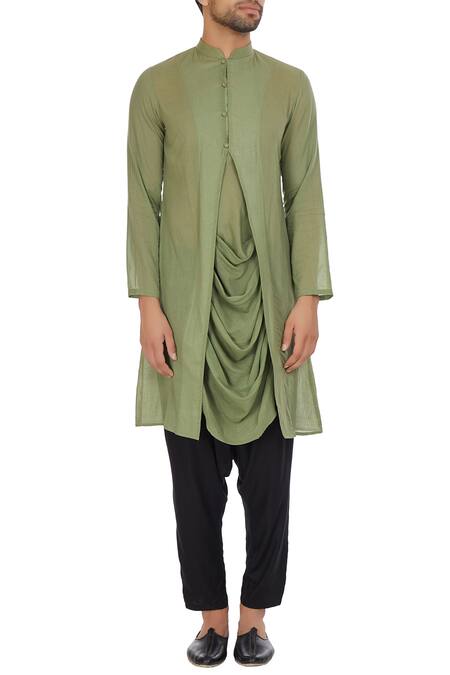 Shop_Bohame_Green Mulmul Cowl Pleated Layer Kurta _Online_at_Aza_Fashions