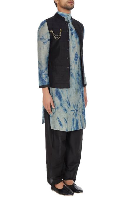 Bohame_Black Raw Silk Nehru Jacket With Tie-dye Kurta And Pants_Online_at_Aza_Fashions