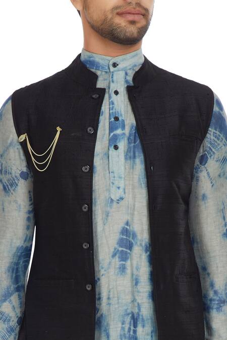 Bohame_Black Raw Silk Nehru Jacket With Tie-dye Kurta And Pants_at_Aza_Fashions