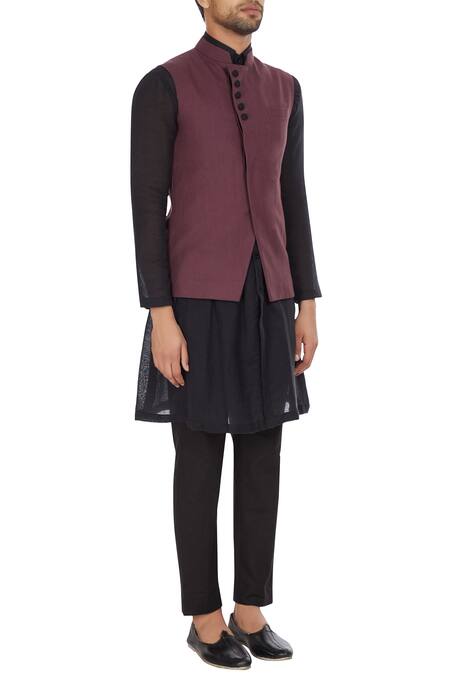 Bohame_Purple Dark Linen Asymmetric Jacket_Online_at_Aza_Fashions