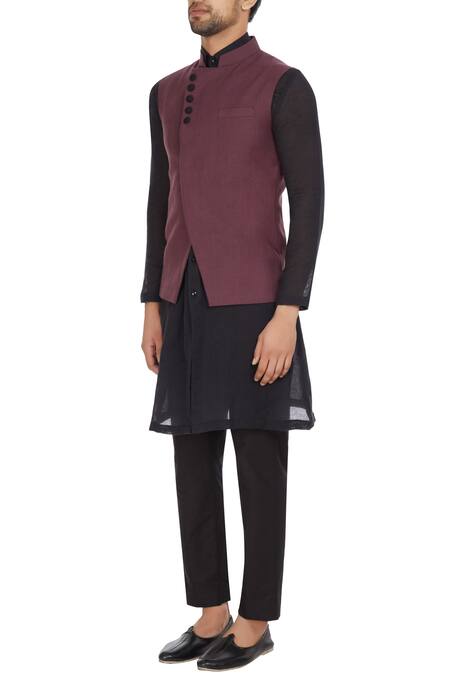 Buy_Bohame_Purple Dark Linen Asymmetric Jacket_Online_at_Aza_Fashions