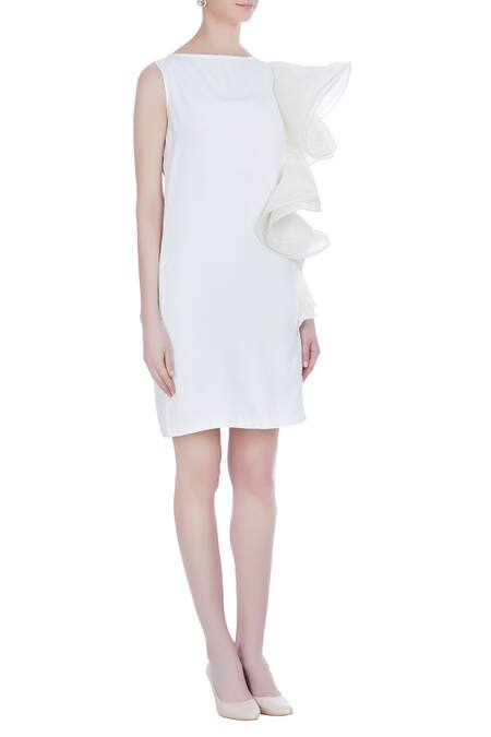 Varsha Wadhwa Off White Organza And Taffeta Sleeveless Ruffle Shift Dress Online at Aza Fashions Varsha Wadhwa_Off White Organza And Taffeta Sleeveless Ruffle Shift Dress_Online_at_Aza_Fashions