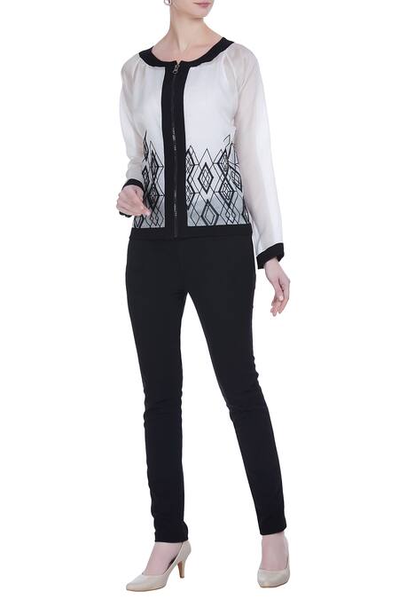 Varsha Wadhwa White Organza Sheer Bomber Jacket With Applique Work