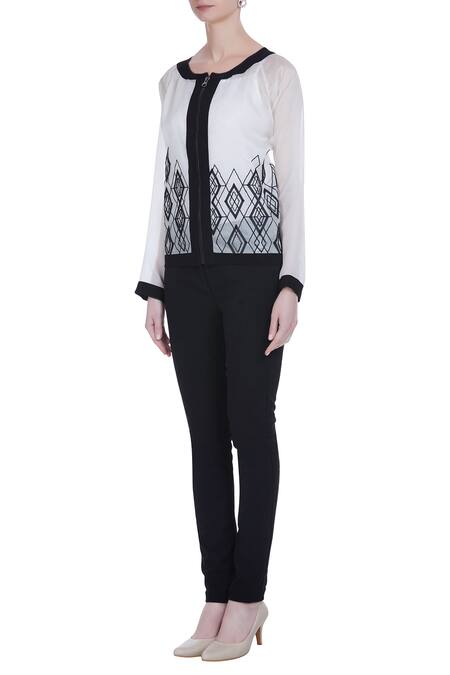 Buy Varsha Wadhwa White Organza Sheer Bomber Jacket With Applique Work Online at Aza Fashions Buy_Varsha Wadhwa_White Organza Sheer Bomber Jacket With Applique Work_Online_at_Aza_Fashions