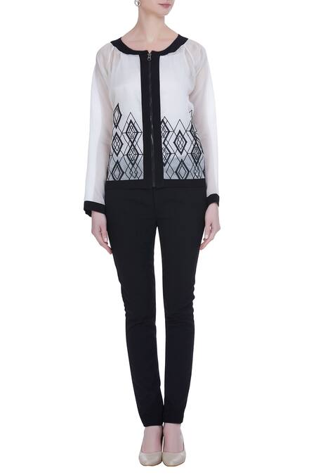 Shop Varsha Wadhwa White Organza Sheer Bomber Jacket With Applique Work Online at Aza Fashions Shop_Varsha Wadhwa_White Organza Sheer Bomber Jacket With Applique Work_Online_at_Aza_Fashions