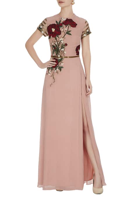 Huemn Pink embroidered gown with sequence waist-band 