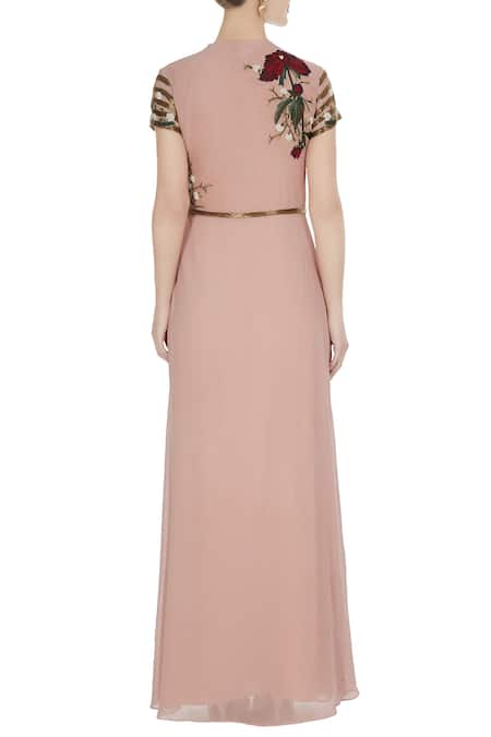 Huemn Pink embroidered gown with sequence waist-band 