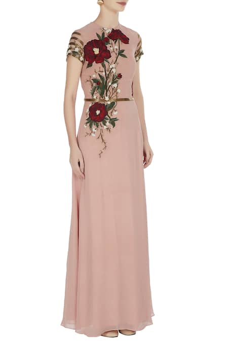 Huemn_Pink Asymmetric Embroidered Gown With Sequence Waist-band  _Online_at_Aza_Fashions
