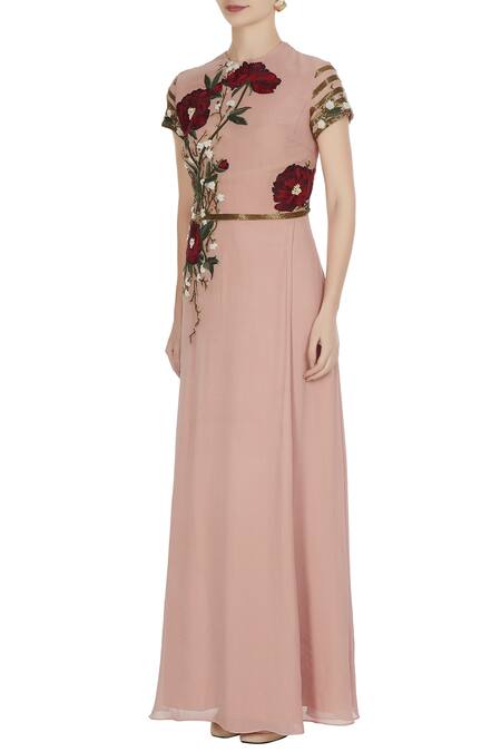 Buy_Huemn_Pink Asymmetric Embroidered Gown With Sequence Waist-band  _Online_at_Aza_Fashions
