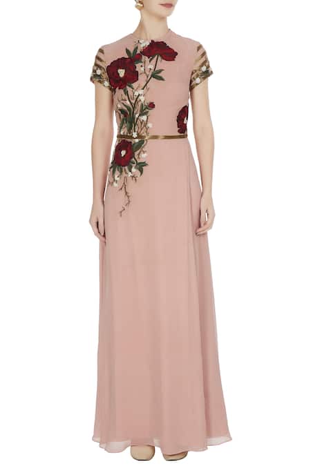 Shop_Huemn_Pink Asymmetric Embroidered Gown With Sequence Waist-band  _Online_at_Aza_Fashions