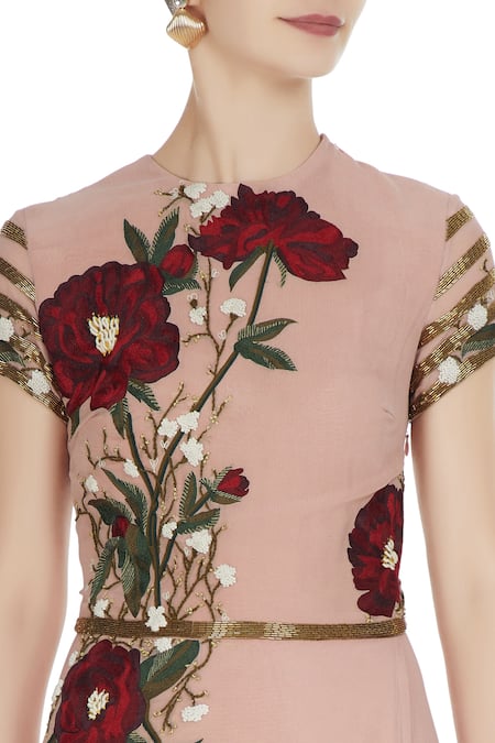 Huemn_Pink Asymmetric Embroidered Gown With Sequence Waist-band  _at_Aza_Fashions