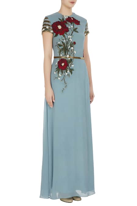 Huemn_Blue Asymmetric Embroidered Gown _Online_at_Aza_Fashions
