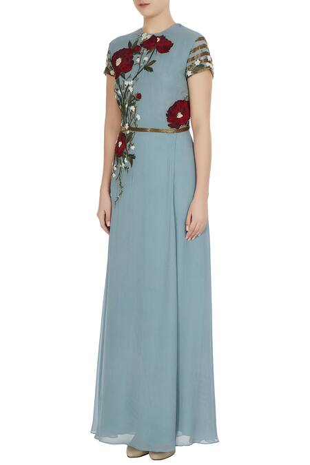 Buy_Huemn_Blue Asymmetric Embroidered Gown _Online_at_Aza_Fashions