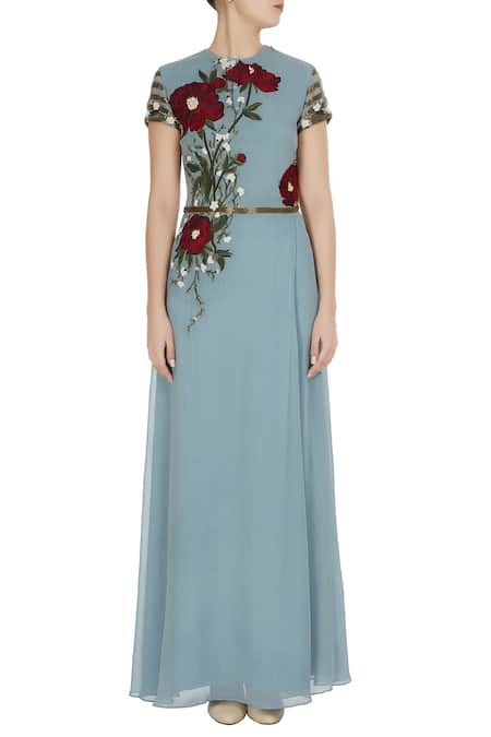 Shop_Huemn_Blue Asymmetric Embroidered Gown _Online_at_Aza_Fashions