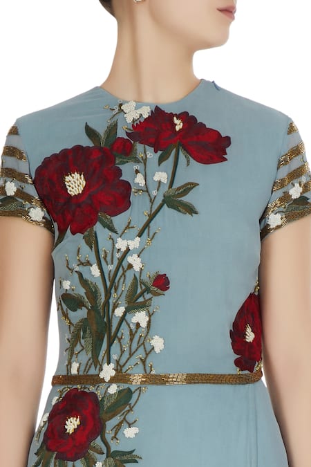 Huemn_Blue Asymmetric Embroidered Gown _at_Aza_Fashions