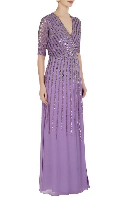 Huemn_Purple Asymmetric Violet Georgette Silk Embroidered Gown _Online_at_Aza_Fashions
