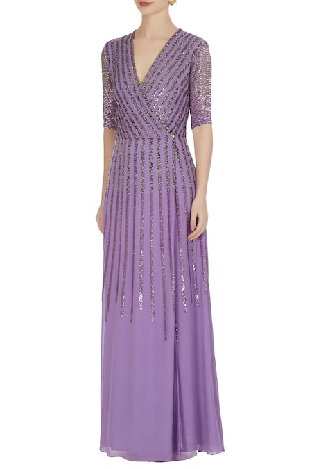Buy_Huemn_Purple Asymmetric Violet Georgette Silk Embroidered Gown _Online_at_Aza_Fashions