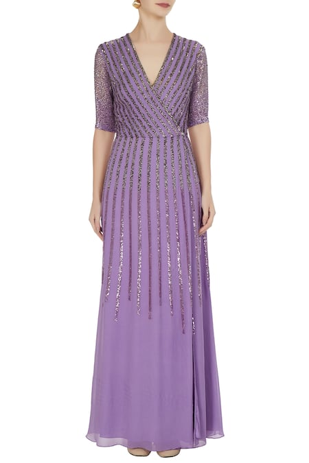 Shop_Huemn_Purple Asymmetric Violet Georgette Silk Embroidered Gown _Online_at_Aza_Fashions