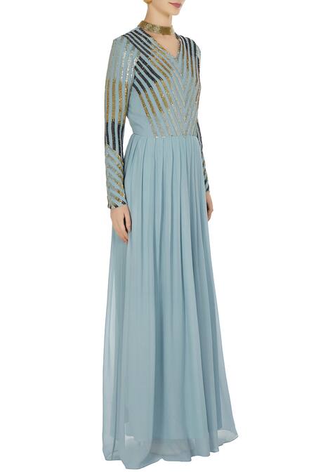 Huemn_Blue V Neck Embellished Flared Dress  _Online_at_Aza_Fashions