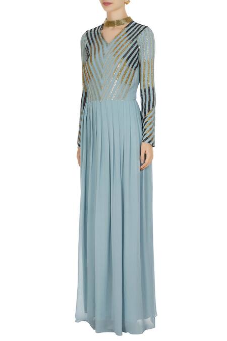 Buy_Huemn_Blue V Neck Embellished Flared Dress  _Online_at_Aza_Fashions