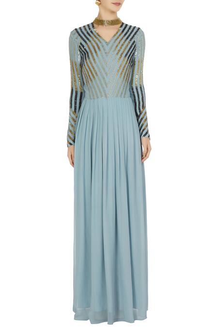 Shop_Huemn_Blue V Neck Embellished Flared Dress  _Online_at_Aza_Fashions