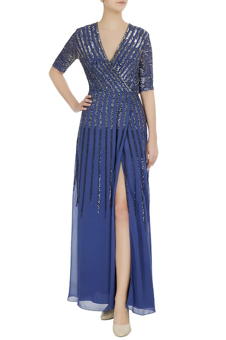 Huemn Blue Deep V Neck Embellished Gown  