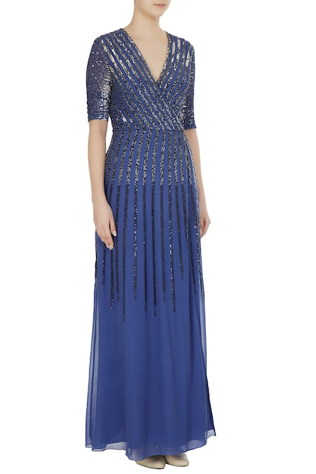 Huemn_Blue Deep V Neck Embellished Gown _Online_at_Aza_Fashions