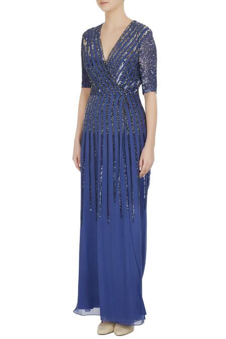 Buy_Huemn_Blue Deep V Neck Embellished Gown _Online_at_Aza_Fashions