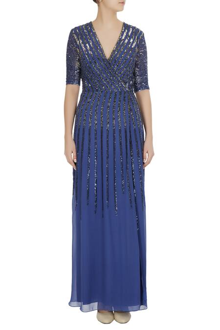 Shop_Huemn_Blue Deep V Neck Embellished Gown _Online_at_Aza_Fashions