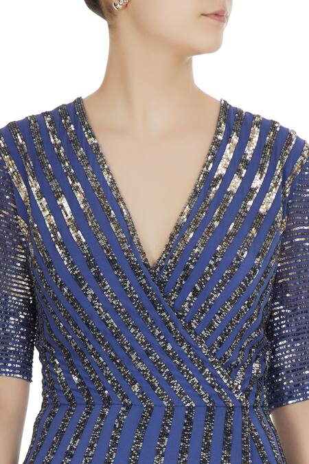 Huemn_Blue Deep V Neck Embellished Gown _at_Aza_Fashions
