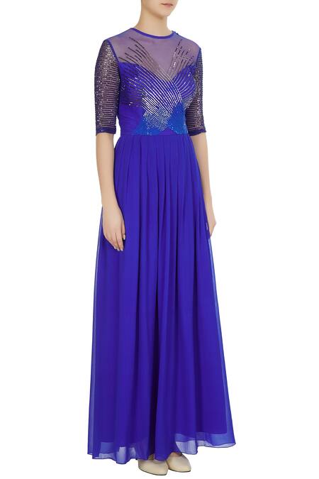 Huemn_Blue Round Embellished Flared Gown  _Online_at_Aza_Fashions