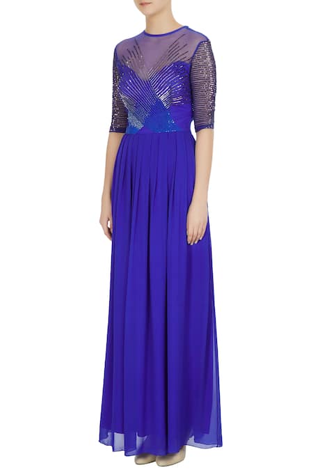Buy_Huemn_Blue Round Embellished Flared Gown  _Online_at_Aza_Fashions