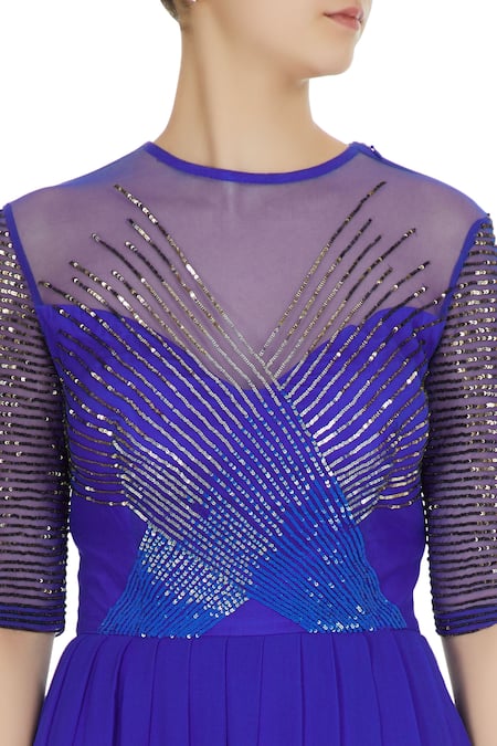 Huemn_Blue Round Embellished Flared Gown  _at_Aza_Fashions