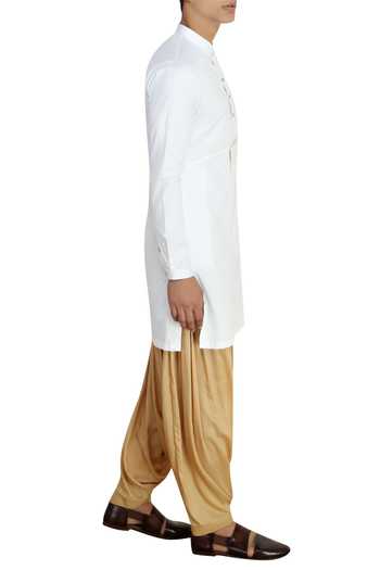 Qbik_White Mandarin Collar Kurta With Patiala Pants_Online_at_Aza_Fashions