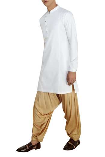 Buy_Qbik_White Mandarin Collar Kurta With Patiala Pants_Online_at_Aza_Fashions