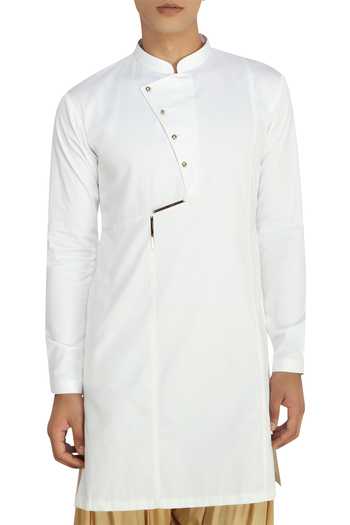 Shop_Qbik_White Mandarin Collar Kurta With Patiala Pants_Online_at_Aza_Fashions