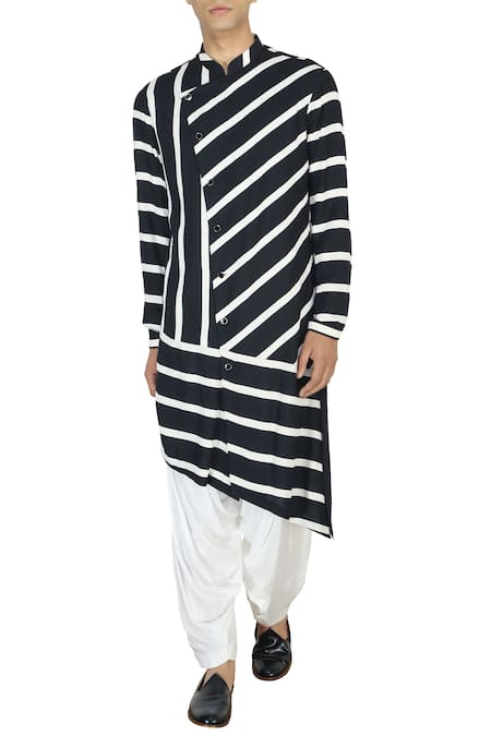 Qbik Black And White Deconstructed Stripe Asymmetric Kurta With Pants