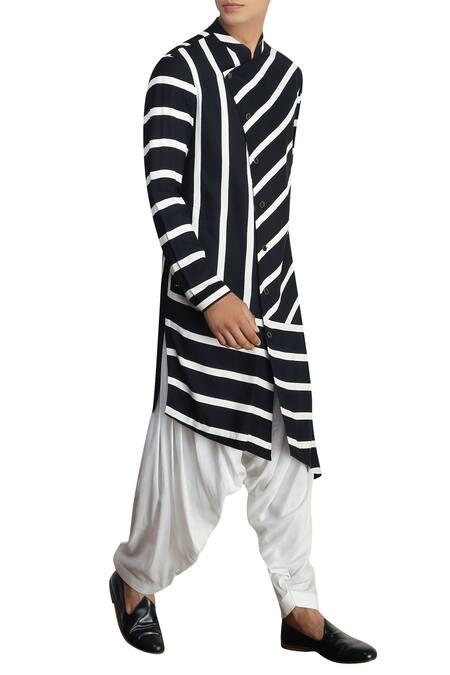 Qbik_Black And White Deconstructed Stripe Asymmetric Kurta With Pants_Online_at_Aza_Fashions