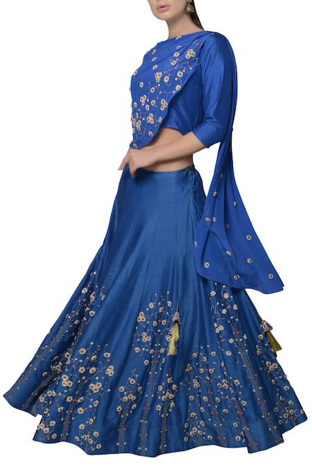 5X by Ajit Kumar Blue Embroidered Chanderi Silk Lehenga Set