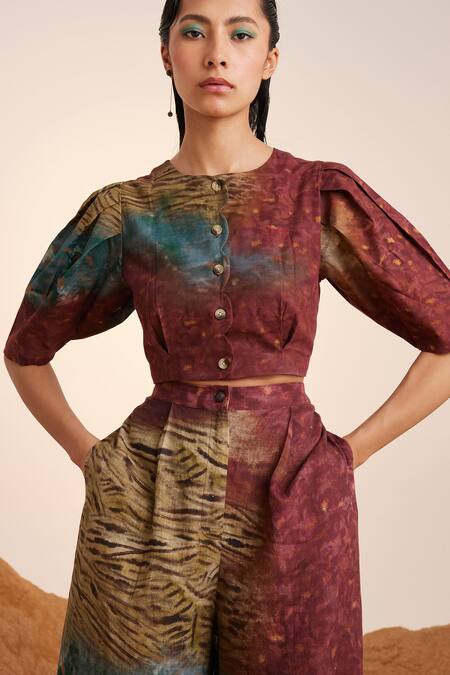 Cord_Brown Cotton Satin Round Neck Scallop Grain Print Top_Online_at_Aza_Fashions