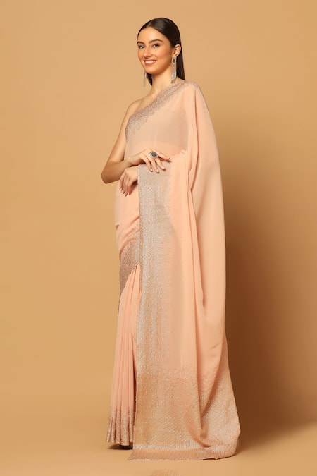 Two Sisters By Gyans_Peach Georgette Sequins Border Embroidered Saree With Unstitched Blouse Fabric _at_Aza_Fashions