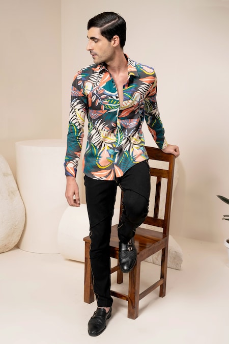 Abkasa Multi Color Cotton Woven Geometric Tropical Print Shirt 