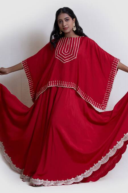 Brij_Red Silk Embroidery Scalloped Hem Cape And Flared Pant Set _Online_at_Aza_Fashions