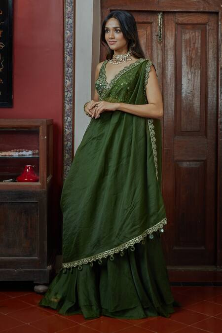 Shop Arpita Mehta Green Georgette Mirrors V-neck One Shoulder Drape And Sharara Set Online at Aza Fashions Shop_Arpita Mehta_Green Georgette Mirrors V-neck One Shoulder Drape And Sharara Set_Online_at_Aza_Fashions