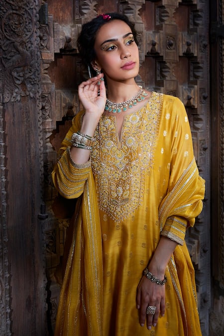 Shop Kritika Dawar Yellow , Cotton Embroidery, Gota Patti Work Kurta Palazzo Set Online at Aza Fashions Shop_Kritika Dawar_Yellow , Cotton Embroidery, Gota Patti Work Kurta Palazzo Set _Online_at_Aza_Fashions