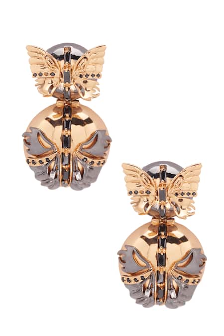Shop Outhouse Gold Plated Stones Instar Butterfly Statement Earrings at Aza Fashions Shop_Outhouse_Gold Plated Stones Instar Butterfly Statement Earrings _at_Aza_Fashions
