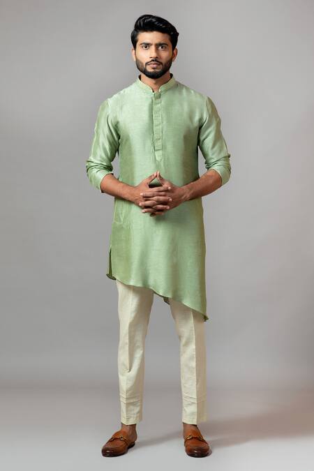 PAARSH_Green Kurta Bamberg Silk Pajama Pant Linen Asymmetric Set_Online_at_Aza_Fashions